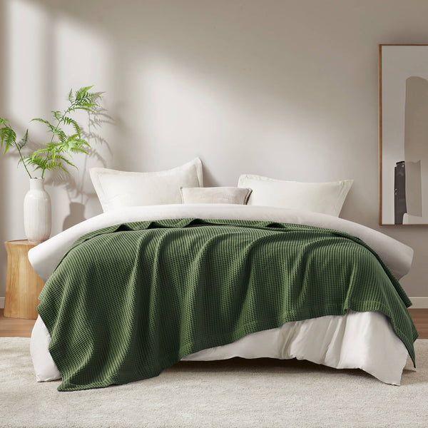 English Elm 1PC Luxurious 100% Cotton Waffle Blanket 90x90 for Full/Queen Beds – Breathable 300gsm Comfort Green 15.75 L x 12.2 W x 4.72 H B035P341141