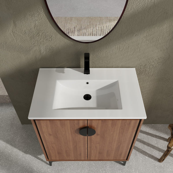 English Elm 30 LEVISTAR Bathroom Vanity with Drop-In Ceramic Sink, 2-Door Engineered Wood Cabinet, Brown, 30" W1972S00002