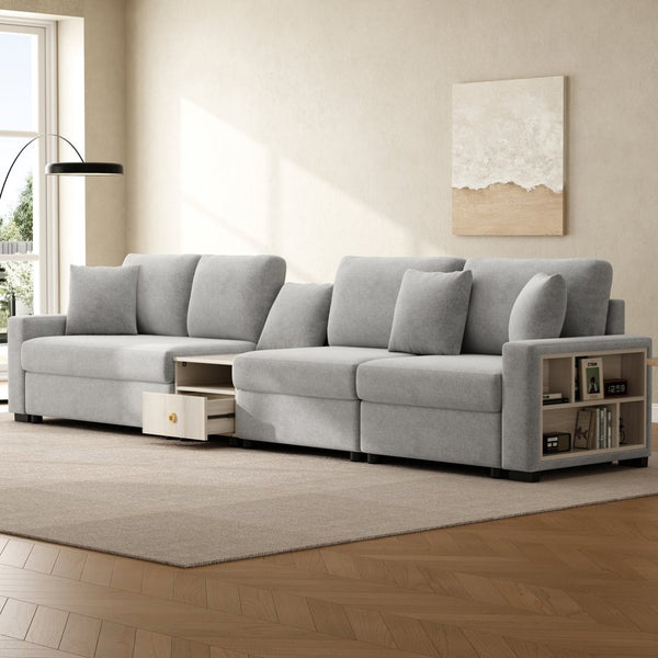 English Elm Modern Chenille Modular Sofa with Console Storage Armrest for Spacious Living Rooms Grey N763S000065E