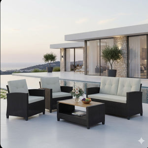 English Elm 4-piece Wicker Outdoor Conversation Set with Acacia Wood Table and Foam Cushions Beige+Brown B082S00061