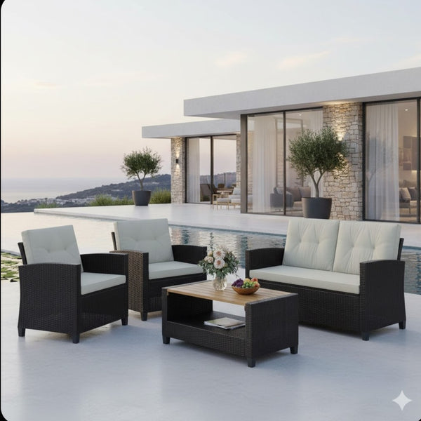 English Elm 4-piece Wicker Outdoor Conversation Set with Acacia Wood Table and Foam Cushions Beige+Brown B082S00061