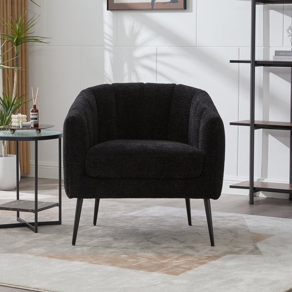 English Elm 29.9'' Modern Upholstered Chenille Vanity Barrel Accent Chair with Channel Tufting and Metal Legs, Cozy Foam Seat for Living Room, Bedroom, Office — Stylish Compact Lounge Seat Black W3118P328900