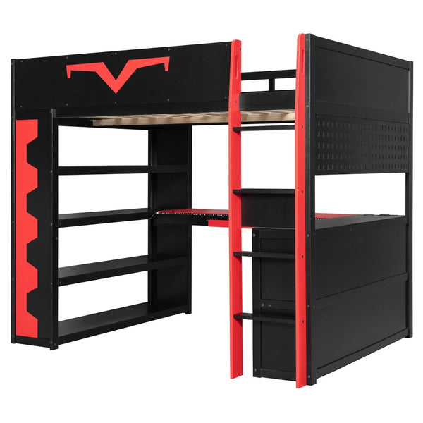 English Elm Full Size Gaming Loft Bed with Desk Rgb Lighting Power Outlet and Storage Drawer Red LT000285AAJ