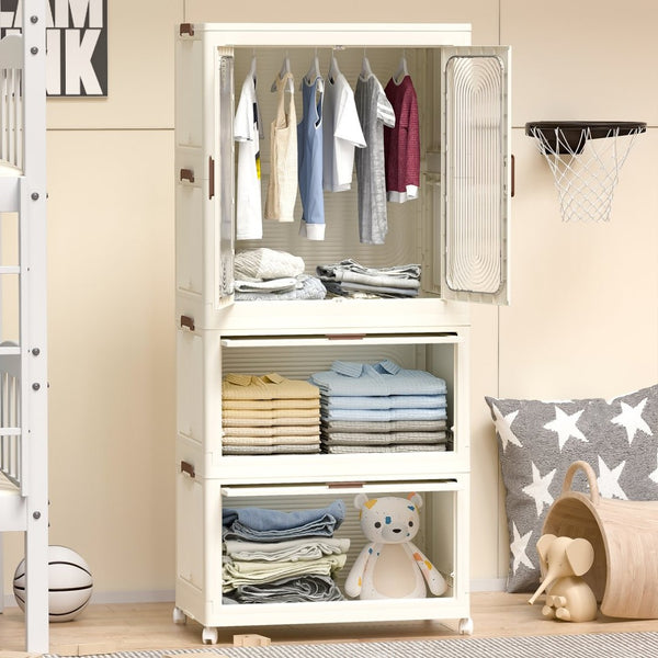 English Elm Portable Kids Wardrobe Cabinet with Magnetic Doors Hanging Rod and Four Cube Storage W2699P210481