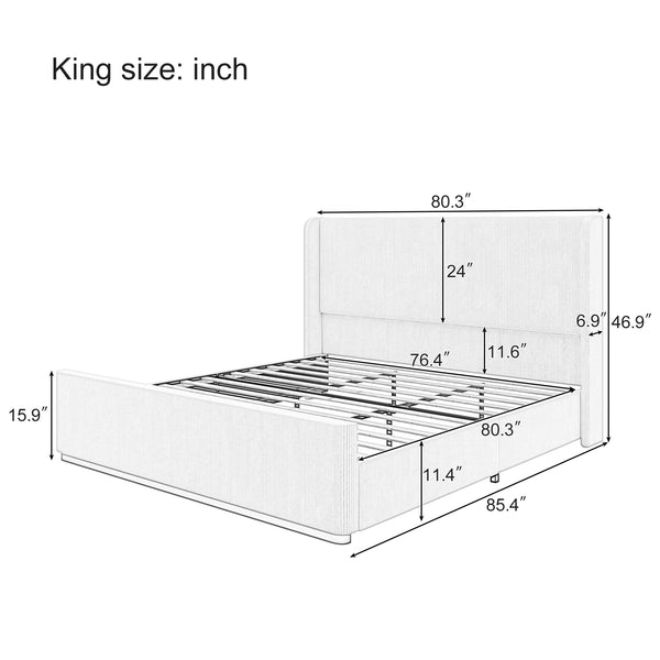 English Elm King Corduroy Upholstered Bed Frame with 130L Storage Ottoman, Vertical Wingback Headboard, Light Grey - Durable Metal/Wood Construction BS701P201394E