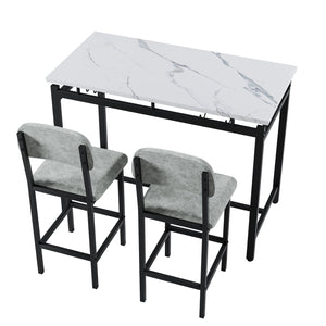 English Elm Modern Bar Table Set for 2 with Marble-Style MDF Top, Sturdy Steel Frame, Cushioned PU Chairs, Grey/Black Finish W578P150070