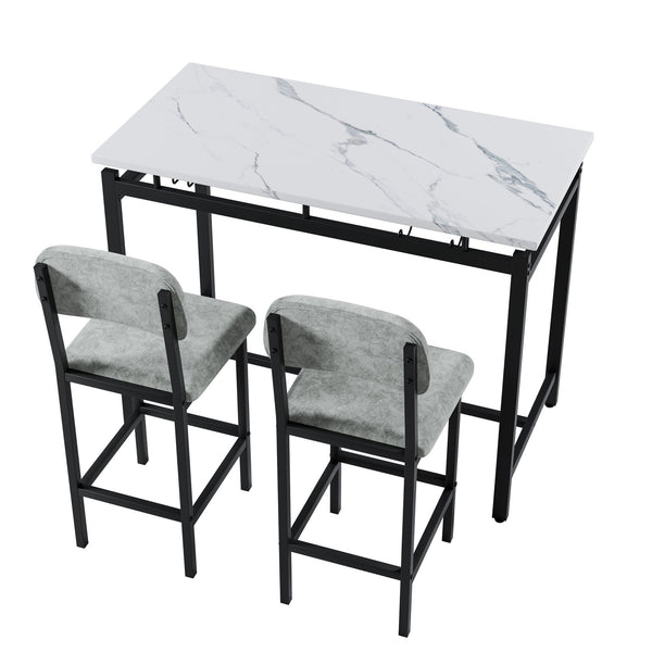 English Elm Modern Bar Table Set for 2 with Marble-Style MDF Top, Sturdy Steel Frame, Cushioned PU Chairs, Grey/Black Finish W578P150070