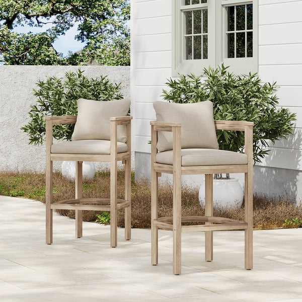 English Elm Christopher Knight Home® - Abaco Acacia Outdoor Barstool Set of 2 with Removable Gray Cushions, Rustic Curved Back Support Beige,Light White N775P294071G