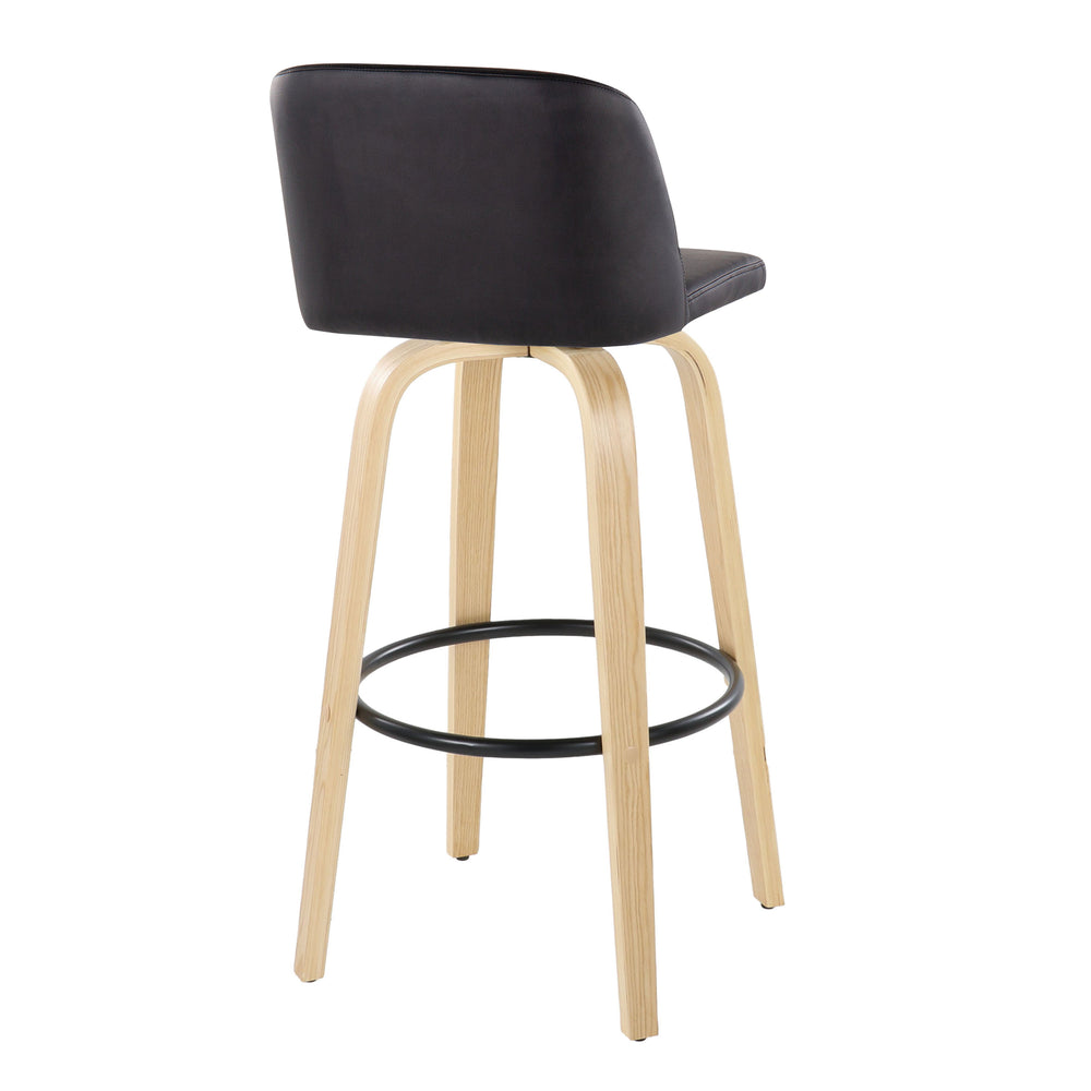 English Elm Toriano 30" Contemporary Barstool Set of 2 with 360° Swivel, Black Faux Leather, Wood Legs, Footrest B202S00695