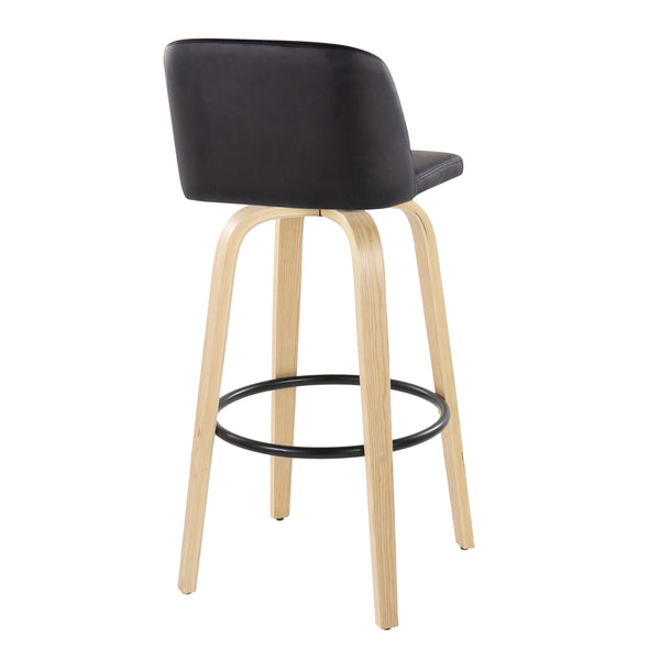 English Elm Toriano 30" Contemporary Barstool Set of 2 with 360° Swivel, Black Faux Leather, Wood Legs, Footrest B202S00695