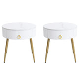 English Elm Φ19.6'' Easy Assembly End Tables With High Gloss Faux Marble Tabletops, Set Of 2, Modern Fluted 2 Side Tables With Drawers, Round Coffee Tables With Golden Legs For Living Room, White