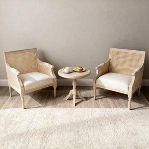 English Elm French Accent Chair Beige Upholstered Rattan Back Armchair — Vintage Solid Wood Reading Seat for Homes W3426P394275