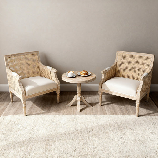 English Elm French Accent Chair Beige Upholstered Rattan Back Armchair — Vintage Solid Wood Reading Seat for Homes W3426P394275