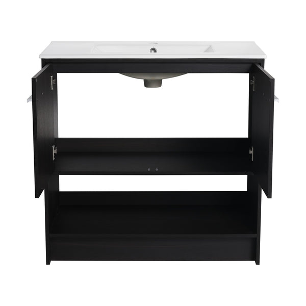 English Elm 36" Bathroom Vanity With Ceramic Sink, Soft-Close Doors, Modern Plywood Cabinet & Open Shelf Storage W1972S00020