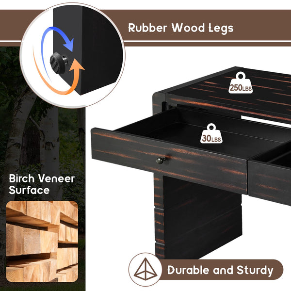 English Elm TREXM Curved Console Table with Storage and 2 Drawers – Farmhouse Rustic Entryway Organizer, 56" Distressed Black N715P244723B