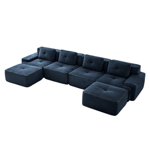 English Elm 153" Modern U-Shaped Modular Sectional Sofa With Movable Ottomans, Deep Seats & Elegant Design, Blue W714S01500