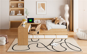 English Elm Full Size Wooden Platform Bed With 6 Drawers, Open Shelves & Dressing Table - Stylish & Functional! N820S00059N