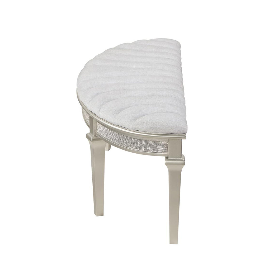 English Elm Curved Demilune Fabric Bench with Ivory Channeled Tufting and Silver Oak Tapered Legs — Elegant Accent Seat B016P369978