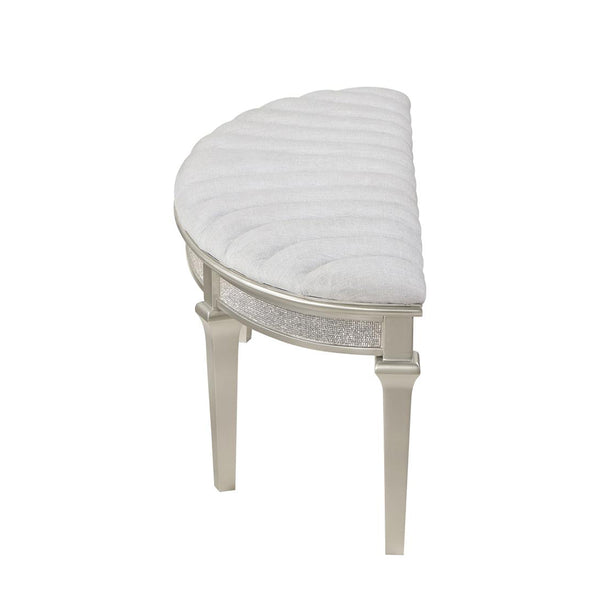 English Elm Curved Demilune Fabric Bench with Ivory Channeled Tufting and Silver Oak Tapered Legs — Elegant Accent Seat B016P369978