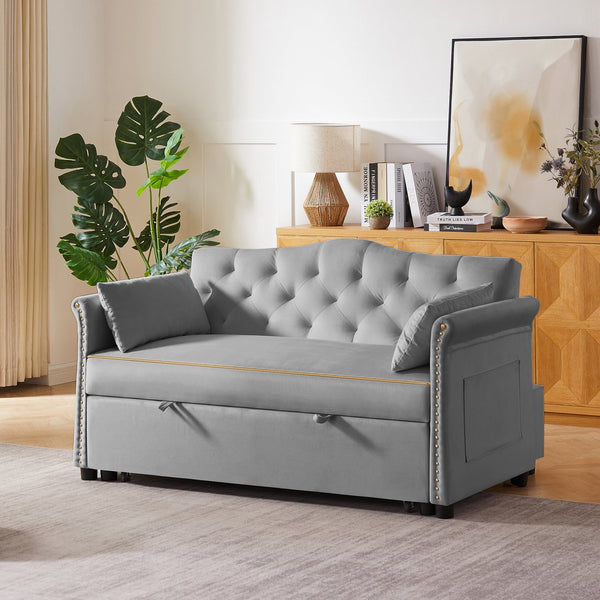 English Elm Grey Velvet Sleeper Sofa Bed with Foam Seat, Solid Wood Frame, Black Legs — Compact 51.6" L Convertible Comfort W588P246469