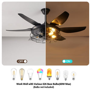 English Elm 52" Modern Black Ceiling Fan with Light Remote, 6-Blade Industrial Cage, Silent DC Motor, Reversible Speed W1340P272386