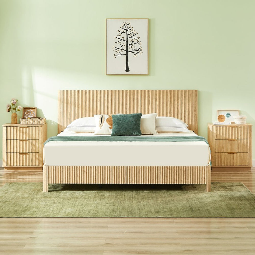 English Elm Queen Bed Frame with Led Lighting Curved Groove Panels and Floating Base Modern Bedroom W1820S00067