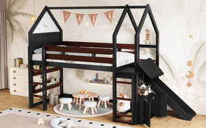 English Elm Full Size Pine Loft Bed House Frame with Slide Bookshelves and Moon Star Rails W1580S00311