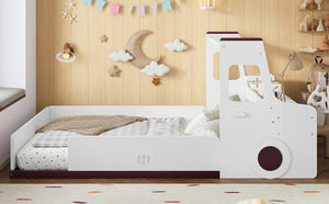 English Elm Full Size Car Shaped Kids Platform Bed with Storage Drawers Integrated Desk Pine Wood Light White W1580S00490