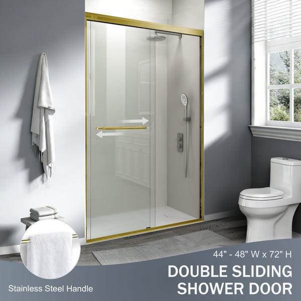 English Elm 44" Semi-frameless Double Sliding Shower Door Brushed Gold Tempered Glass Walk-in W1920P388013