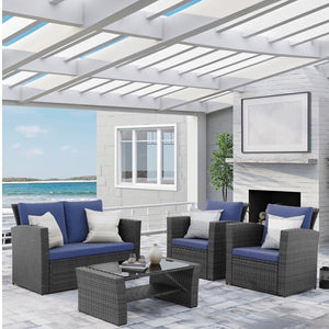 English Elm 4-piece Outdoor Wicker Conversation Set with Tempered Glass Table and Resort Style Blue+Brown B082S00057