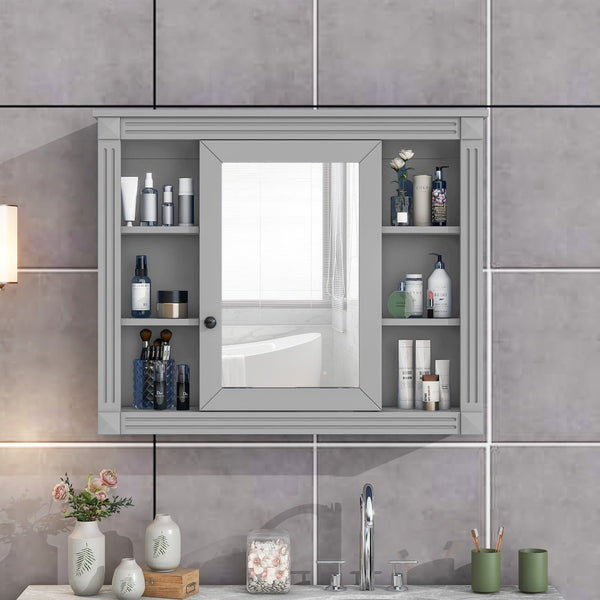 English Elm 35'' Modern Medicine Cabinet with Mirror and Towel Rod, MDF Wall-Mounted Bathroom Storage with Adjustable Shelves and Soft-Close Hinges Grey WF305081AAE