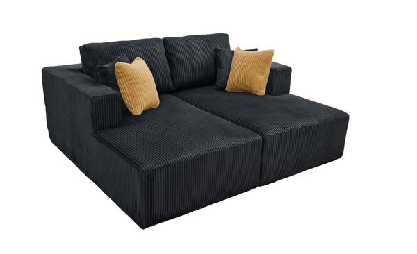 English Elm Full Corduroy Double Chaise Loveseat Foam Plush Seating for Bohemian Living Rooms Black B2748S00055