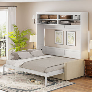 English Elm Queen Murphy Wall Bed with Integrated Sofa Linen Upholstered for Studio Apartments White LP000892AAK-1