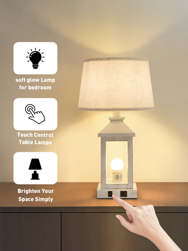 English Elm 20.5" Vintage Table Lamp Set of 2, White Gold Farmhouse Nightstand Lamps with Linen Shade, USB-C+A Ports and Soft Nightlight W2312P389976