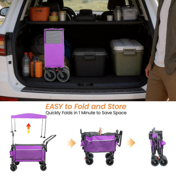 English Elm Multi-functional Heavy Duty Folding Wagon with Canopy Steel Frame All Terrain Wheels Purple W2932P417647
