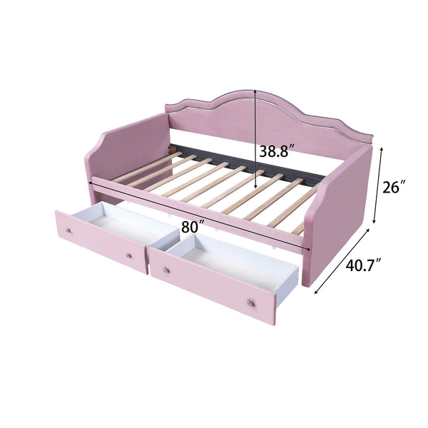 English Elm Twin Upholstered Daybed with Built-In LED & 2 Drawers, Velvet Platform Bed with Solid Wood Frame, Modern Curved Backrest, Twin Size, No Box Spring Needed Pink N7500001851H