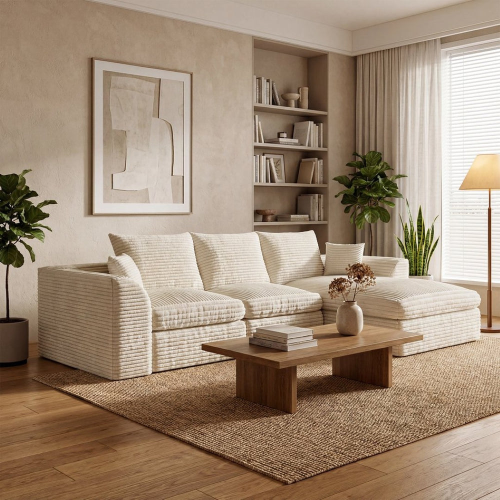 English Elm Modular Cloud Sectional Corduroy Sofa with Reversible Chaise and Memory Foam Comfort Beige White W5638S00005