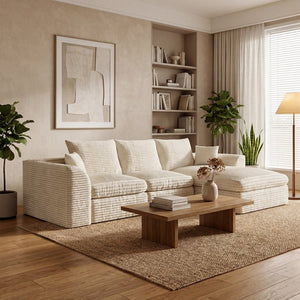 English Elm Modular Cloud Sectional Corduroy Sofa with Reversible Chaise and Memory Foam Comfort Beige White W5638S00005