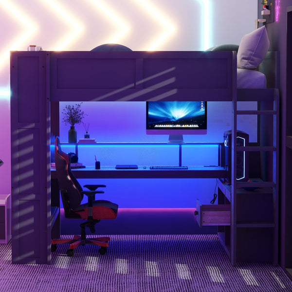 English Elm Wood Full Size Loft Bed with Built-in Desk Led Lighting and Charging Station SM000374AAE-1