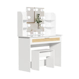 English Elm Vanity Desk Set Stool & Dressing Table With Led Lighting Mirror Drawer and Compartments Modern Wood Cosmetic Table Chest Of Drawers White Color