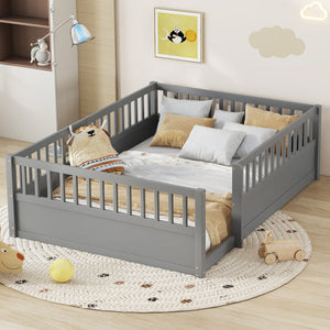 English Elm Full Montessori Floor Bed Frame with Fence for Kids — Pine Play & Reading Space, Sturdy Low Profile Gray W1580P307886