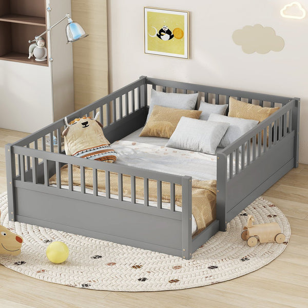 English Elm Full Montessori Floor Bed Frame with Fence for Kids — Pine Play & Reading Space, Sturdy Low Profile Gray W1580P307886