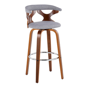English Elm Gardenia Mid-Century 30" Barstool with Swivel, Padded Fabric Seat and Walnut Legs with Chrome Rest Grey B202S00572