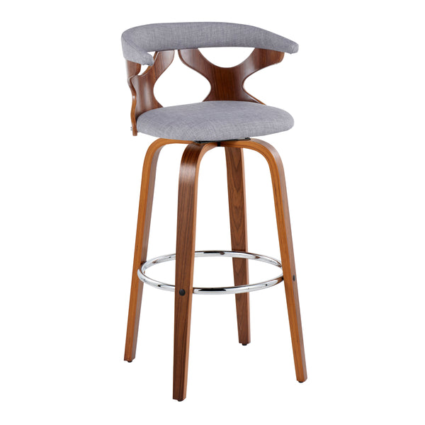 English Elm Gardenia Mid-Century 30" Barstool with Swivel, Padded Fabric Seat and Walnut Legs with Chrome Rest Grey B202S00572