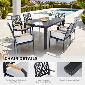 English Elm 7PC Outdoor Patio Aluminum Furniture Set with Sunbrella Cushions, Branch Back Chairs & Umbrella Hole W1886S00012