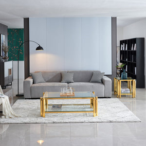 English Elm Modern 2-Piece Coffee Table Set With Gold Stainless Steel & Clear Glass Top For Stylish Living Spaces W2978S00046