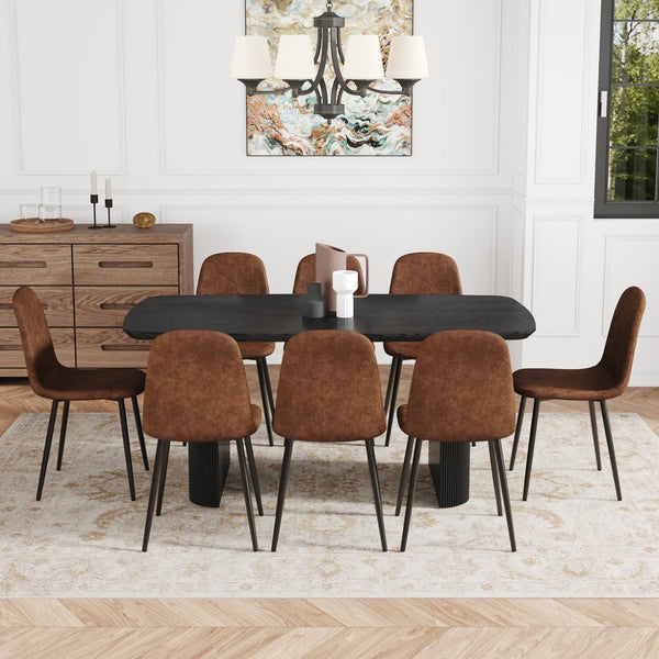 English Elm Table & 8 Chairs Set - Modern Black Wood Grain Mdf Dining Ensemble With Ergonomic Tech Fabric Comfort W1151S04153-GIGA