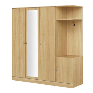 English Elm 4-Door Wardrobe with Full-Length Mirror, Dust-Proof Compartments, Shoe Door & Anti-Tip Safety Features Natural N820S00056N
