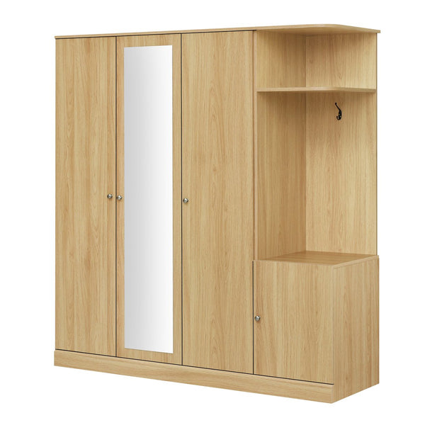 English Elm 4-Door Wardrobe with Full-Length Mirror, Dust-Proof Compartments, Shoe Door & Anti-Tip Safety Features Natural N820S00056N