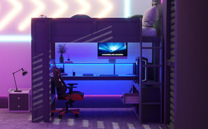 English Elm Wood Full Size Gaming Loft Bed with Desk, LED Lights, USB Charging Ports & Multi Storage Dark Gray SM000374AAE